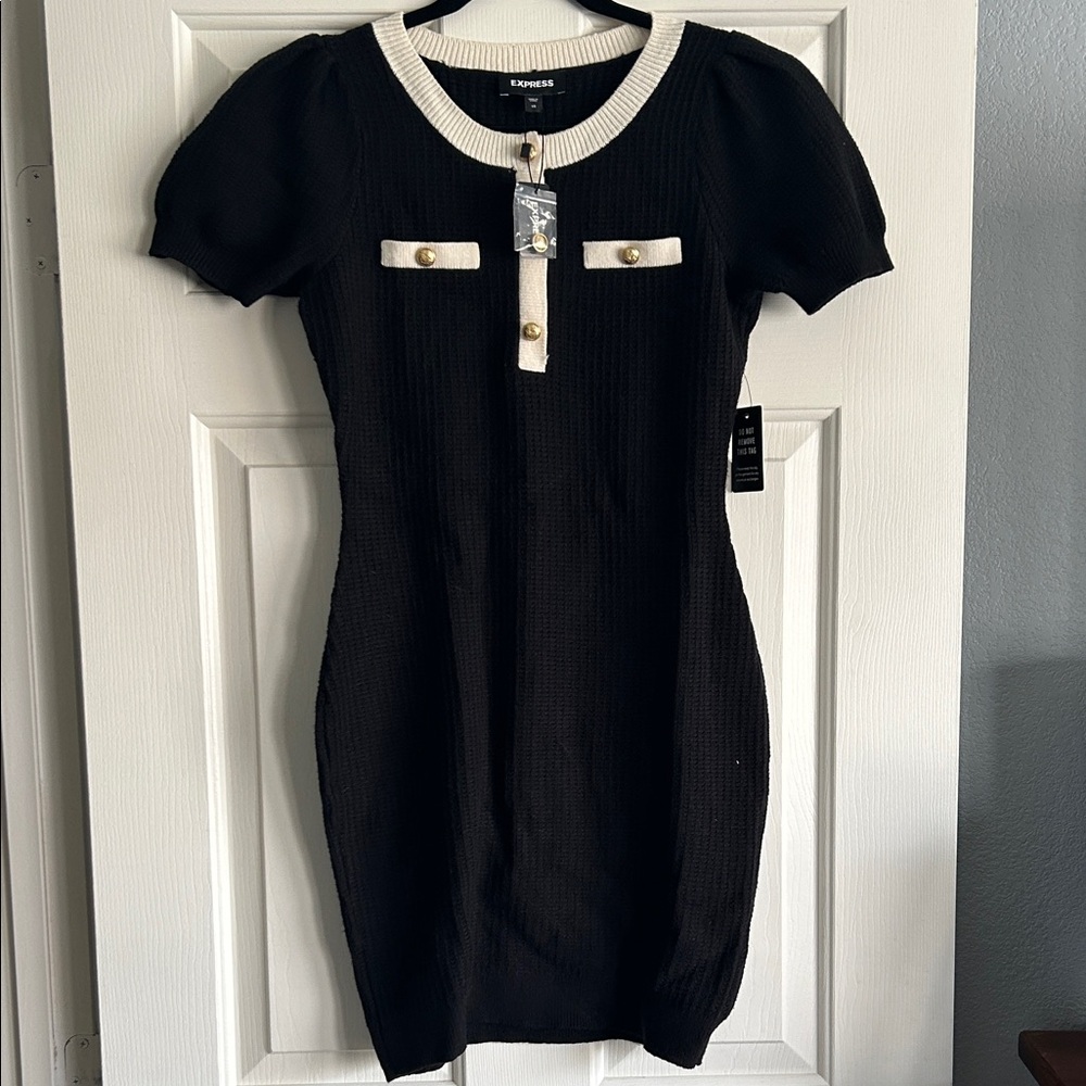 Express Black Knit Short Sleeve Sheath Dress with White Trim and Gold Buttons